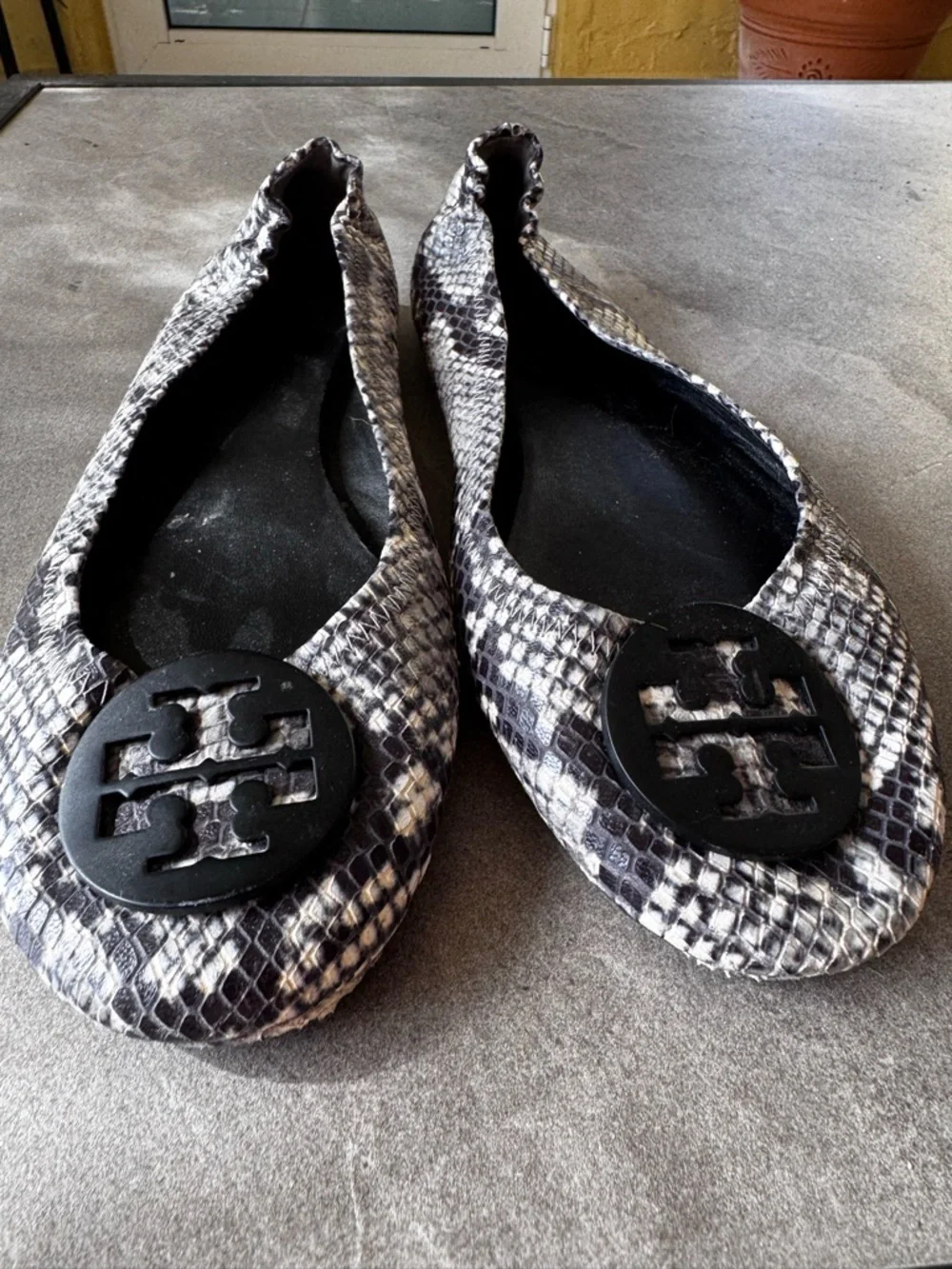 Tory Burch Snake-Print Ballet Flats in Black and Gray with Logo Medallion - Picture 3 of 10
